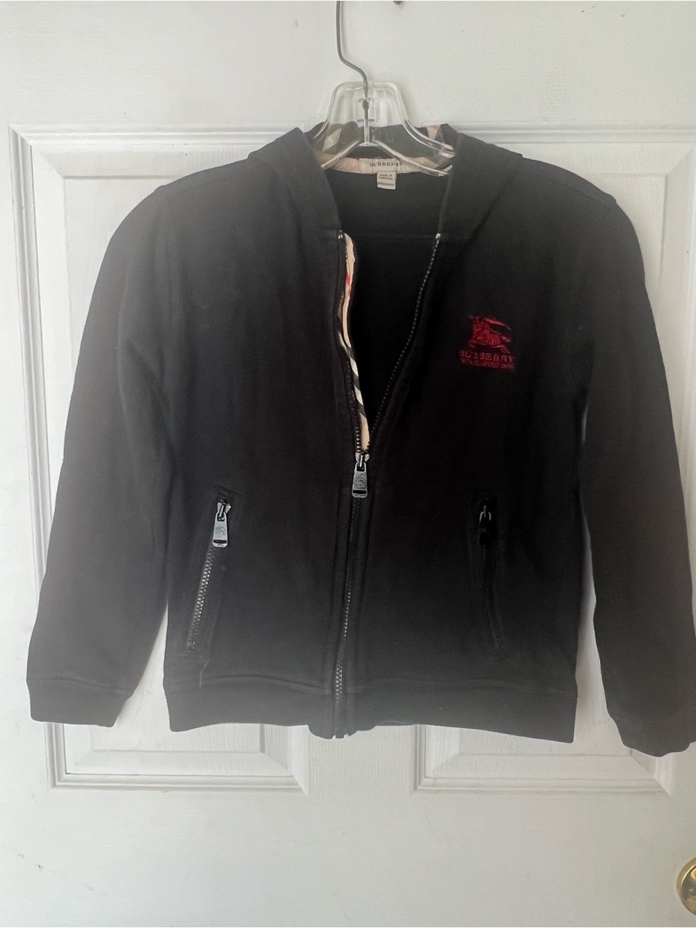 Burberry Black Hoodie with Red Embroidered Logo and Check Trim size 10Y